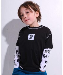 WASK(ワスク)/シリコンワッペン付き 半袖 Tシャツ ＋ ロゴプリント 天竺 長袖 Tシャツ (/ブラック