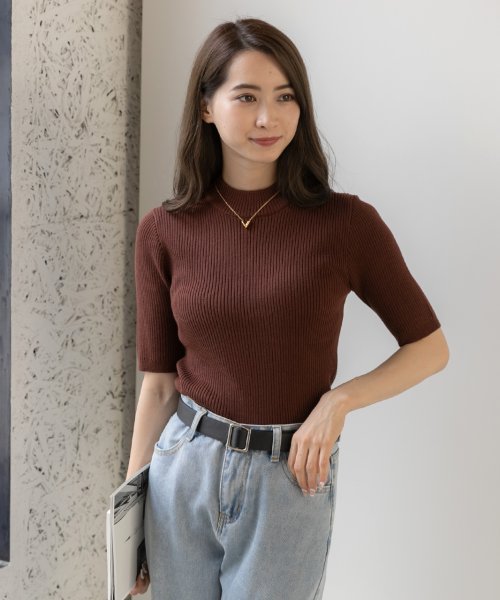 セール】プチハイネックニット半袖 夏 秋 ショート丈 ニットトップス シンプルニット(504230768) アドティエ(ad thie) MAGASEEK D collection 半袖ニットトップス プルオーバー 麻混 シンプル 茶色