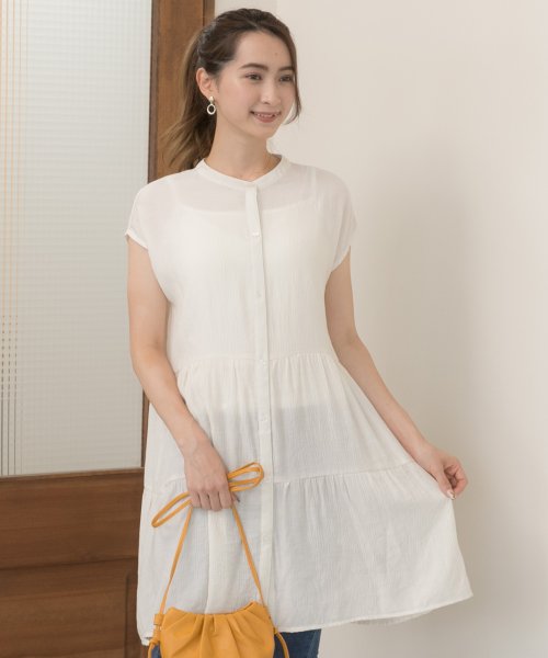 セール バンドカラー ティアード ワンピース チュニック ミニ ワンピース シャツワンピース しわ加工 夏 アドティエ Ad Thie Magaseek
