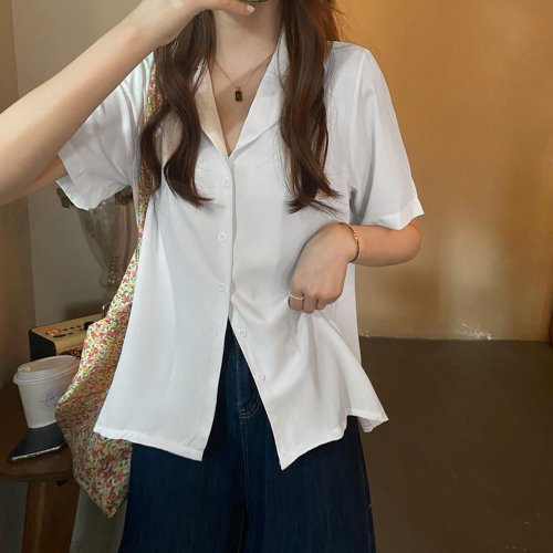 miniministore(ミニミニストア)/カラー開襟シャツ レディース　韓国風/ホワイト