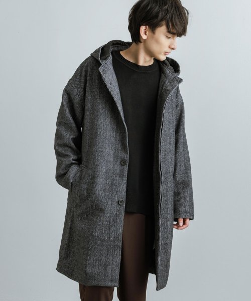 ロングコート 膝丈 フード メンズ レディース アウター ウール 総柄 チェック ボタン 比翼仕立て オーバーサイズ ゆったり ドロップショルダー カジュアル ロッキーモンロー Rocky Monroe Magaseek