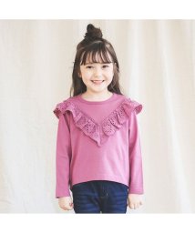 BRANSHES(ブランシェス)/カットワークレースフリル長袖Tシャツ/ピンク