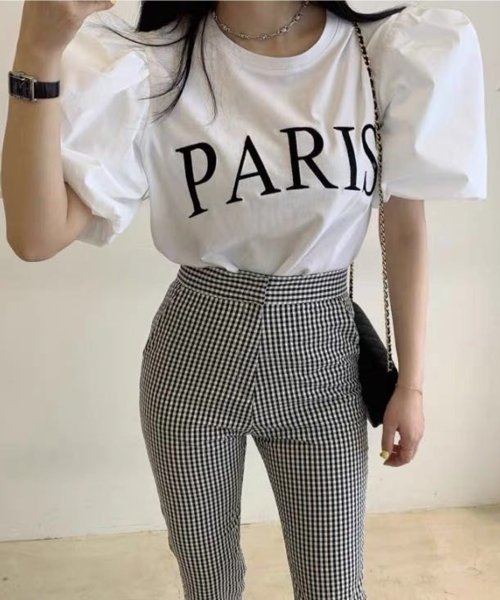 クーポン Jasmine Grandiflorum Parisロゴプリントフレンチガーリーtシャツ トップス 韓国ファッション ハイウエスト オフィスカジュアル セクシ Aimoha アイモハ Aimoha Magaseek