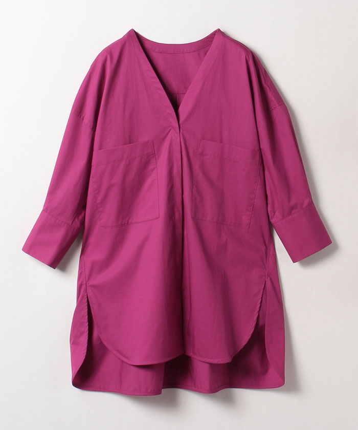 Vネックステップヘムロングシャツ