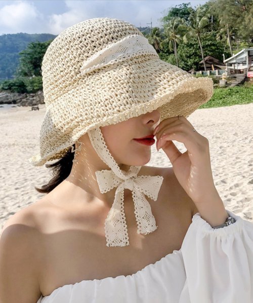 セール】レースリボンハット 韓国ライク(504250099) aimoha(アイモハ)(aimoha) MAGASEEK 新品 韓国 バケットハット レディース サマー レース ブラウン 麦わら