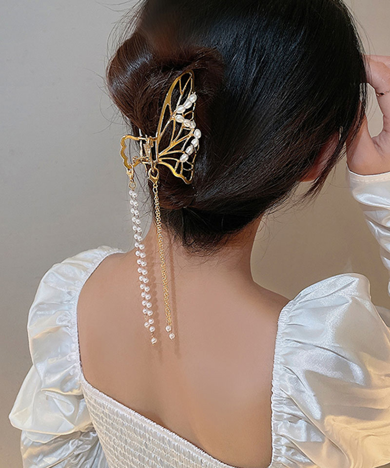 セール】ヘアクリップ バンスクリップ パール 蝶 バレッタ おしゃれ