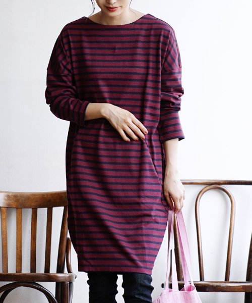 セール シミヘン加工 フレンチバスク ドロップショルダーコクーンワンピース ボーダー 無地 ズーティー Zootie Magaseek