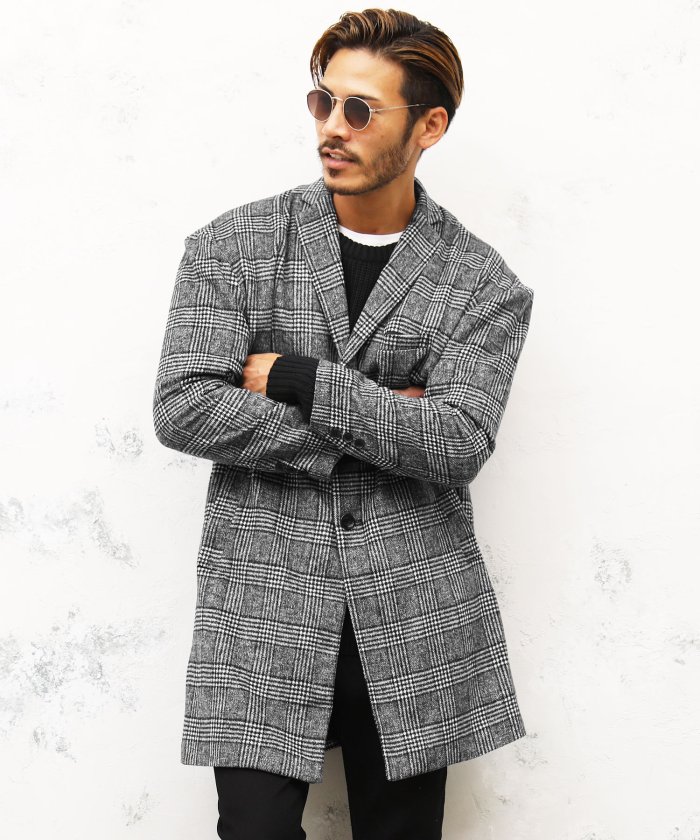 グレンチェックビッグチェスターコート チェスターコート メンズ ロングコート ロング ジャケット アウター ビッグシルエット ジギーズショップ Jiggys Shop Magaseek