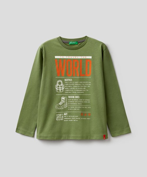 BENETTON (UNITED COLORS OF BENETTON BOYS)(ユナイテッド　カラーズ　オブ　ベネトン　ボーイズ)/キッズ裾タグプリント長袖Tシャツ・カットソーB/カーキ