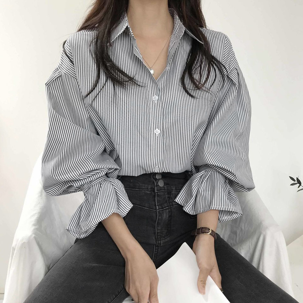 【セール】ストライプ ブラウス 韓国 ボリューム袖(504287224