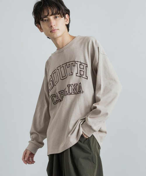 Rocky Monroe(ロッキーモンロー)/カレッジTシャツ メンズ レディース カジュアル アメカジ 長袖T ロンT カットソー 綿 コットン 天竺 ビッグシルエット オーバーサイズ お揃い ペア ギフ/ベージュ