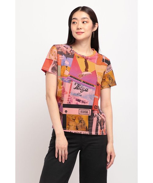 Desigual(デシグアル)/デジタルパッチワークのレディース半袖Tシャツ/レッド系