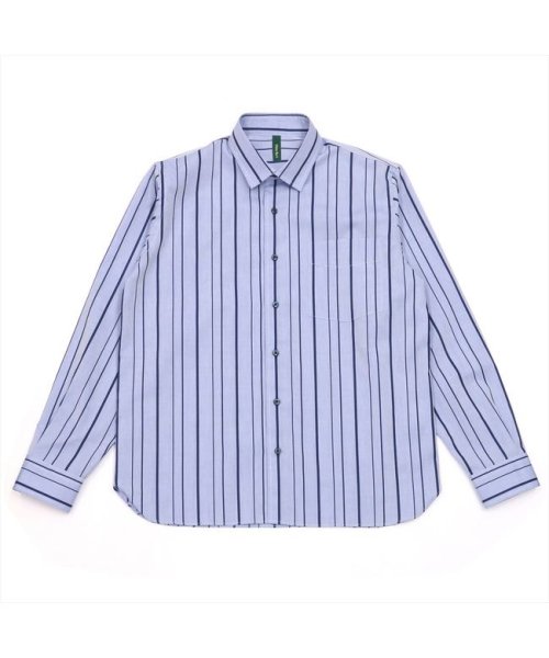 Pitta Re:)(ピッタリ)/形態安定 ワイド衿 ラウンドテール 綿100％ 長袖シャツ/ブルー