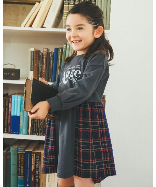 セール チェック スウェット ドッキング ロゴ プリント 長袖 ワンピース 80 ベベ Bebe Magaseek