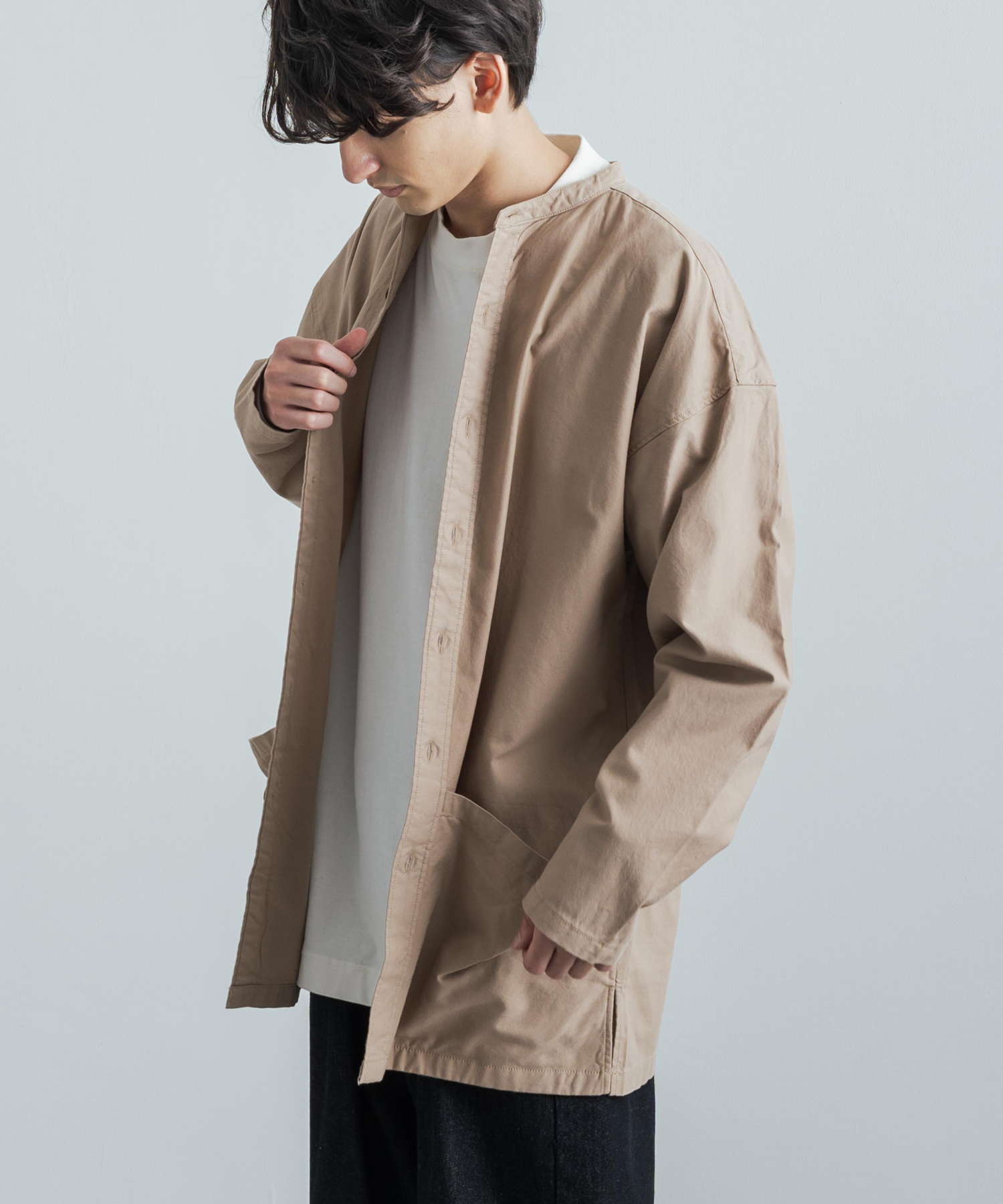 バンドカラーシャツ ガーデニングシャツ シャツコート ジャケット メンズ レディース コットンツイル ノーカラー スタンドカラー 綿 ライトアウター 羽織り ビ
