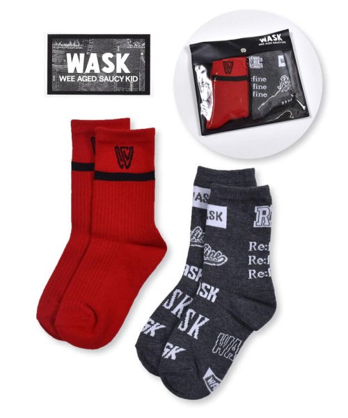 WASK(ワスク)/ライン + ロゴ柄 2P ソックス (15~24cm)/レッド
