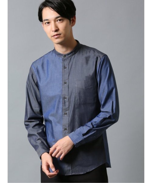 TAKA-Q(タカキュー)/ツイル クレイジー バンドカラー長袖シャツ/ブルー