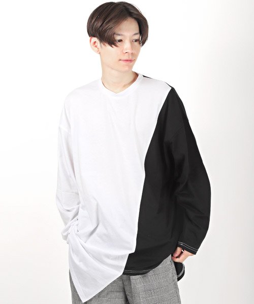 セール 天竺アシンメトリーロンt ロンt メンズ 長袖tシャツ ロング丈 アシンメトリー ビッグシルエット 天竺 バイカラー ラグスタイル Luxstyle Magaseek