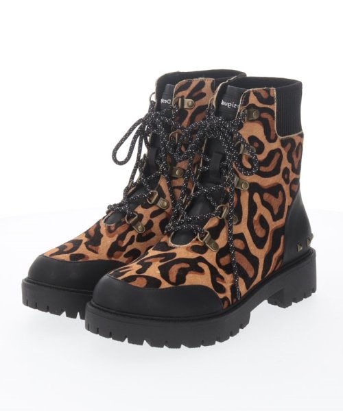 Desigual(デシグアル)/シューズ レザーブーツ BIKER LEOPARD/ブラウン系