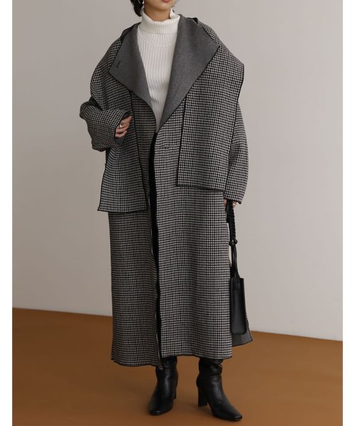 神山まりあさん着用 低身長サイズ有 2点セット マフラー付きダブルフェイススタンドカラーチェック柄ガウンコート リエディ Re Edit Magaseek