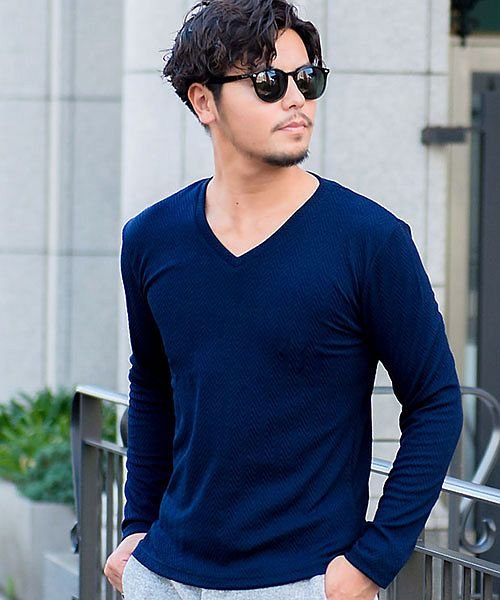 Cavaria ふくれヘリンボーン柄vネック長袖tシャツ メンズ トップス カットソー インナー ロンt ストレッチ 秋 冬 B キャバリア Cavaria Magaseek