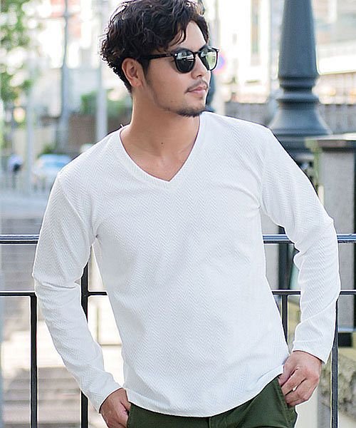 Cavaria ふくれヘリンボーン柄vネック長袖tシャツ メンズ トップス カットソー インナー ロンt ストレッチ 秋 冬 B キャバリア Cavaria Magaseek