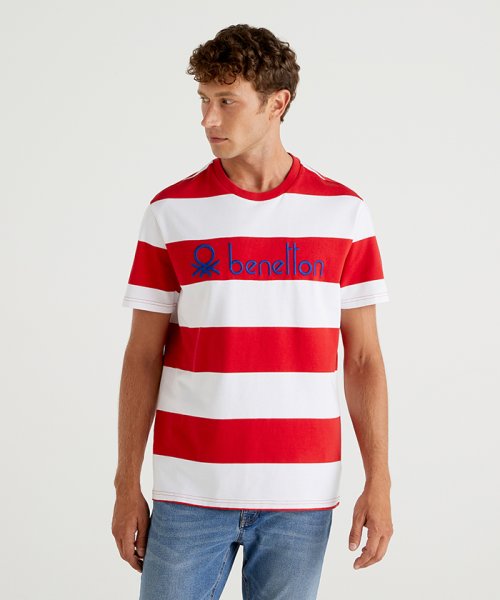 BENETTON (mens)(ベネトン（メンズ）)/ボーダーロゴ半袖Tシャツ・カットソー/ホワイト×レッド