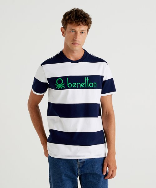 BENETTON (mens)(ベネトン（メンズ）)/ボーダーロゴ半袖Tシャツ・カットソー/ホワイト×ネイビー