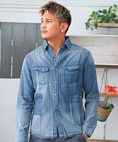 セール パッチワークデニムシャツ デニムシャツ メンズ 長袖 パッチワーク リペア ダメージ ラグスタイル Luxstyle Magaseek