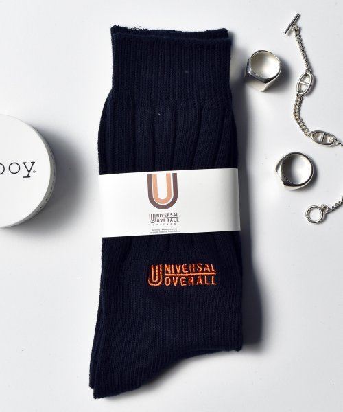 UNIVERSAL OVERALL(ユニバーサルオーバーオール)/【UNIVERSAL OVERALL】リブロゴ刺繍クルーソックス LU－020 LU－402/ネイビー