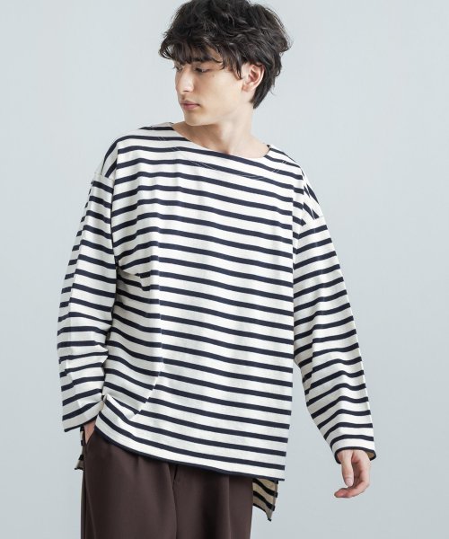 ボーダーtシャツ メンズ レディース ボートネック 長袖カットソー フレンチボーダー バスク生地 10オンス 日本製 ビッグシルエット ボックス オーバーサイズ ロッキーモンロー Rocky Monroe Magaseek