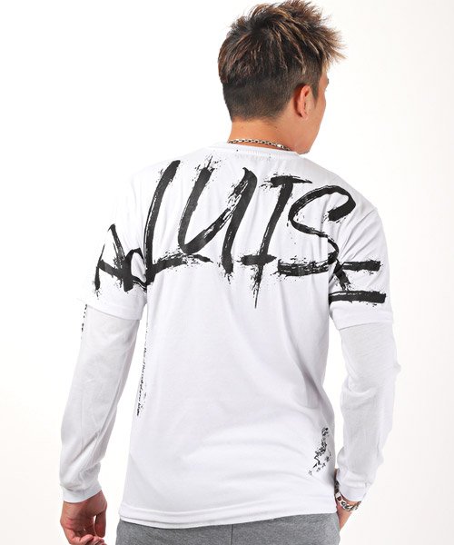 セール 落書き風ロゴプリント長袖 半袖アンサンブルtシャツ Tシャツ 半袖 長袖 メンズ アンサンブル レイヤード 2枚組 セット ラグスタイル Luxstyle Magaseek