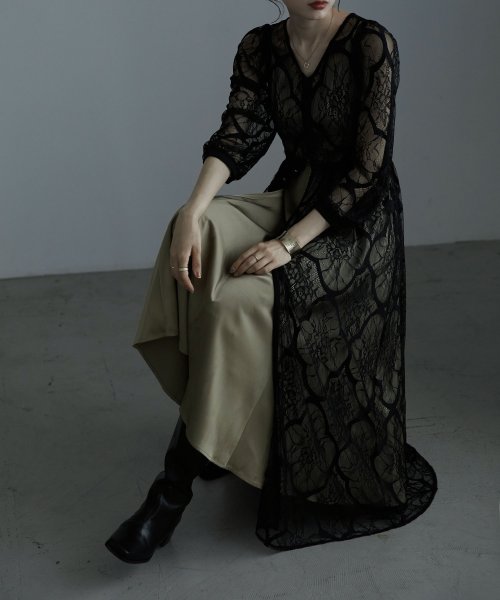 レイヤードレースドレス ワンピース ワンピ ドレス オケージョン フォーマル レース 長袖 ロング ロングワンピ ロングドレス マキシ オケワンピ 結婚式 二次 エトル Etoll Magaseek