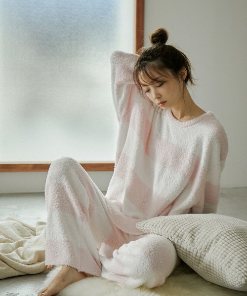 セール もこもこ ルームウェア 上下セット ボーダー レディース 長袖 パジャマ ニット トップス ロングパンツ ワイドパンツ ゆったり 可愛い 部屋着 長ズボン プル ファッションレター Fashion Letter Magaseek