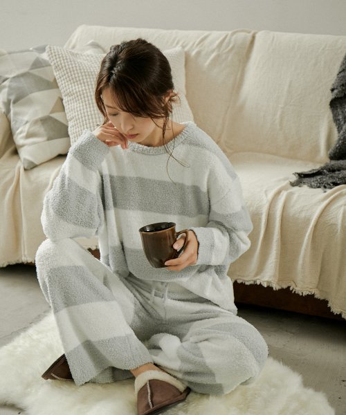 セール もこもこ ルームウェア 上下セット ボーダー レディース 長袖 パジャマ ニット トップス ロングパンツ ワイドパンツ ゆったり 可愛い 部屋着 長ズボン プル ファッションレター Fashion Letter Magaseek