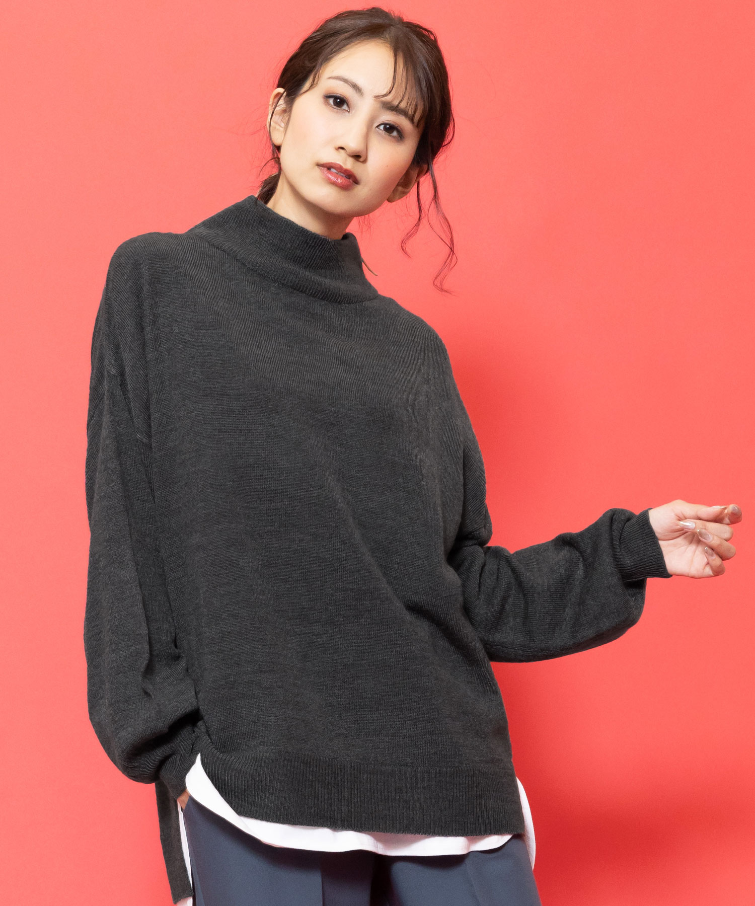 カシミアタッチニットトップス レディース プチハイネック プル