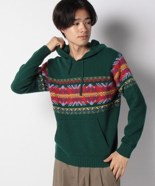 BENETTON (mens)(ベネトン（メンズ）)/ウール混ノルディックニットフードパーカー/グリーン