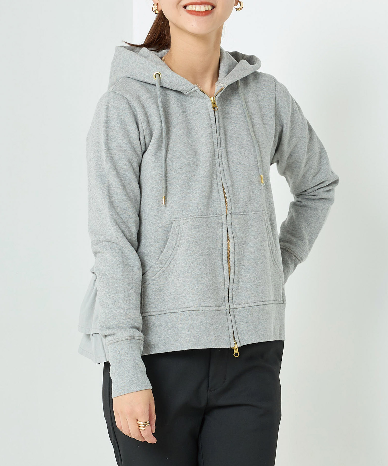 オムネス Omnes 0 Ho11 グレー ジャケット ダブルジップ パーカー ミドル丈 レディース 無地 裏起毛 21秋冬新作 ジャケット