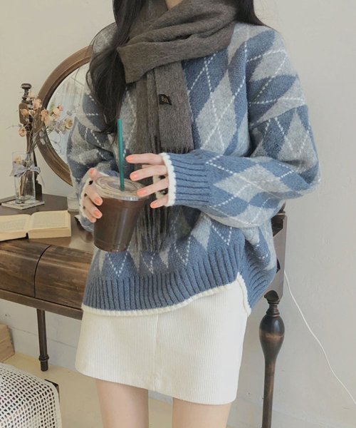 セール Doula Doula アーガイル柄クルーネックニットセーター 韓国ファッション 21秋冬商品 ドゥーラドゥーラ Doula Doula Magaseek