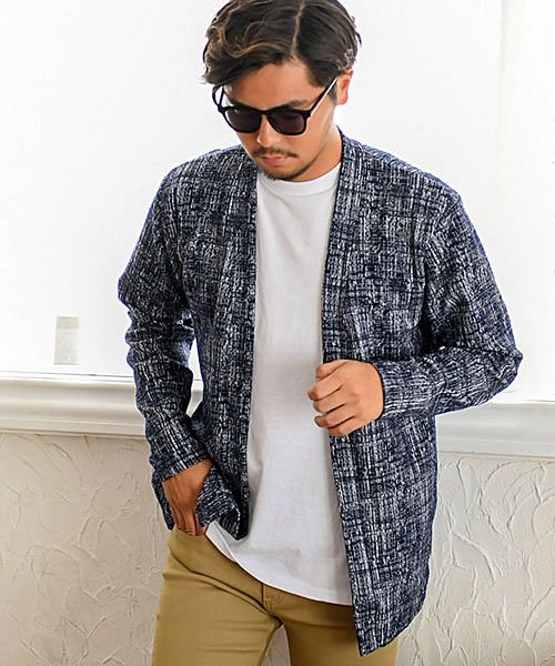 Cavaria モザイクチェック柄長袖ノーカラーカーディガン メンズ 長袖 ロングカーディガン チェック ブランド ノーカラー シンプル ポケット きれいめ キャバリア Cavaria Magaseek