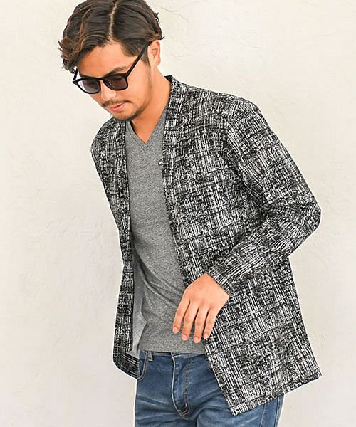 Cavaria モザイクチェック柄長袖ノーカラーカーディガン メンズ 長袖 ロングカーディガン チェック ブランド ノーカラー シンプル ポケット きれいめ キャバリア Cavaria Magaseek
