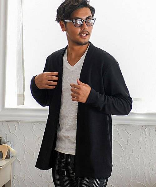 Cavaria ふくれジャガードノーカラー長袖カーディガン メンズ ロングカーディガン 無地 ブランド ノーカラー シンプル ポケット 秋 B キャバリア Cavaria Magaseek