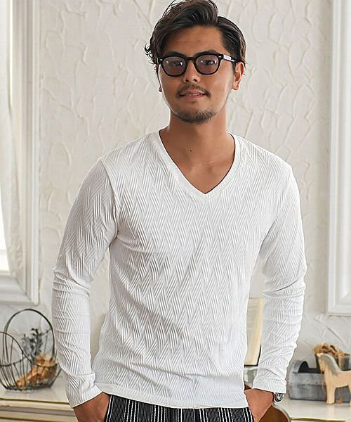 Cavaria ふくれバイヤス柄vネック長袖tシャツ メンズ ロンt バイアス柄 Vネック カットソー シンプル 総柄 トップスタイト 細身 上品 大人 カジュ キャバリア Cavaria Magaseek