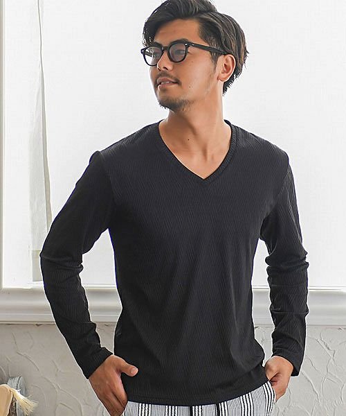 Cavaria ふくれバイヤス柄vネック長袖tシャツ メンズ ロンt バイアス柄 Vネック カットソー シンプル 総柄 トップスタイト 細身 上品 大人 カジュ キャバリア Cavaria Magaseek