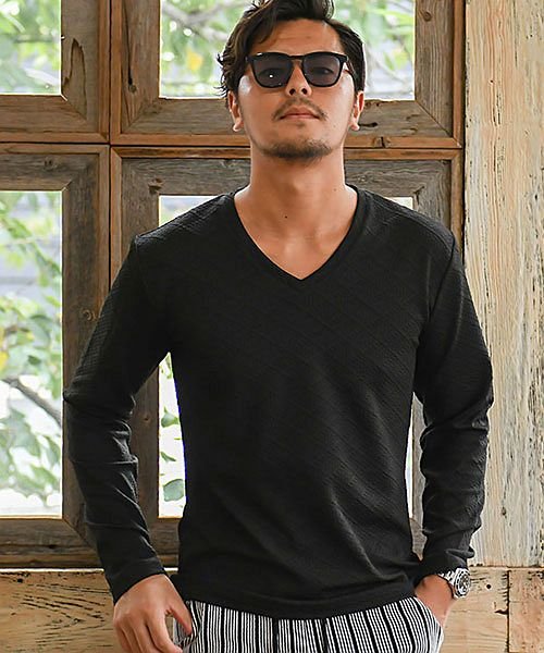 セール Cavaria ブロックダイヤ柄vネック長袖tシャツ メンズ ブランド ロンt 大人 カジュアル 長袖 ファッション トップス カットソー インナー Vネック キャバリア Cavaria Magaseek