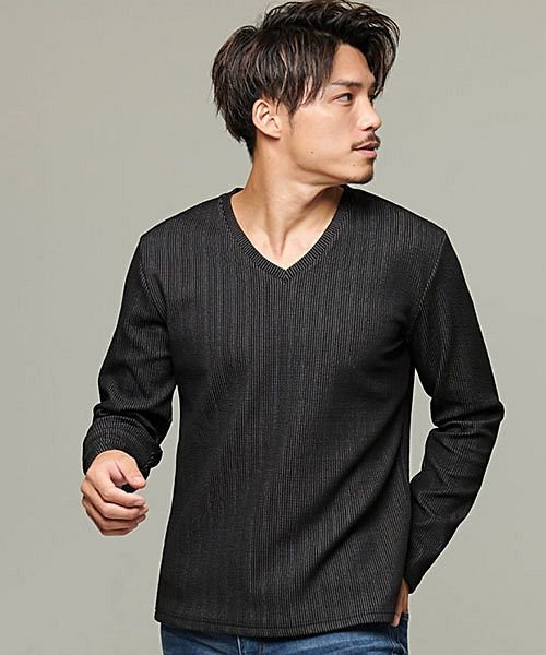 Cavaria ストライプ柄vネック長袖tシャツ メンズ 長袖 トップス カットソー インナー ロンt Vネック ストライプ柄 細身 タイト ストレッチ カジュ キャバリア Cavaria Magaseek