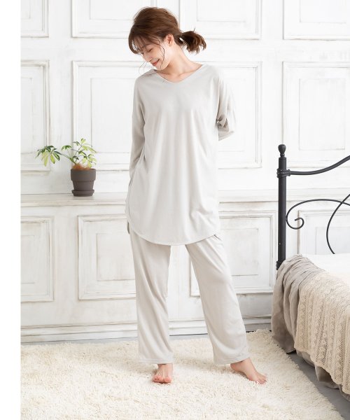 天竺長袖ラウンドヘムチュニック丈上下セットルームウェア ピンクピンクピンク Pink Pink Pink Magaseek