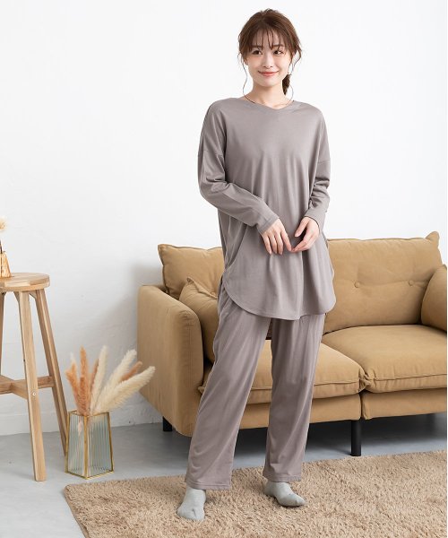 天竺長袖ラウンドヘムチュニック丈上下セットルームウェア ピンクピンクピンク Pink Pink Pink Magaseek