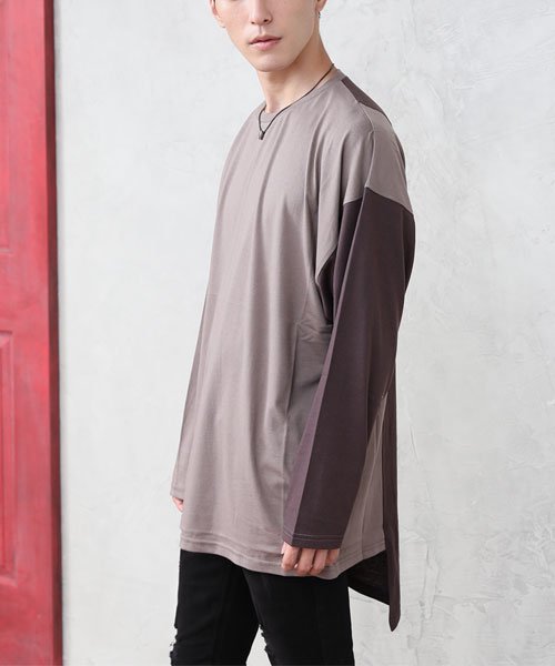 セール アシンメトリー 配色切替 カットソー メンズ 長袖 Tシャツ トップイズム Topism Magaseek