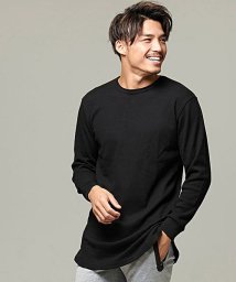 CavariA(キャバリア)/CavariA クルーネック長袖ワッフルトールTシャツ メンズ 長袖 ロンT ワッフル ロング丈 ラウンドカット サイドスリット レイヤード 重ね着 インナー /ブラック